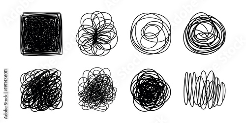 Black scribble shapes on white background