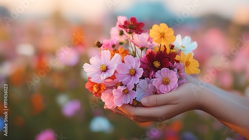 A woman's hand holds a bouquet of colorful cosmos flowers in the middle of a flower bed.