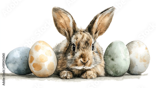 Watercolor illustration features a chocolate bunny peeking out from a row of Easter eggs. White background.
