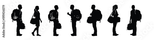 People with backpacks and luggage silhouette vector collection travelers and tourists walking isolated on white background for travel design