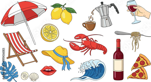 Italian Summer Lifestyle Collection Featuring Mediterranean Food Icons Lobster Pizza Pasta Wine Lemons Moka Pot Espresso Coffee Beach Umbrella Chair And Ocean Wave Elements