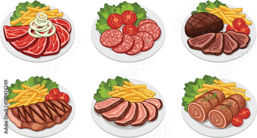 Gourmet grilled meat and steak vector set. Hand drawn illustrations of beef steaks, sliced ham, sausages, and salami with french fries and salad.