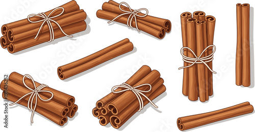 Cinnamon sticks illustration set. Bundled and single spice rolls tied with ribbon. Aromatic baking ingredient collection in realistic cartoon style.