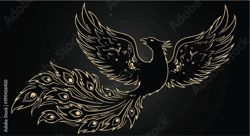 Golden peacock with spread wings on black background