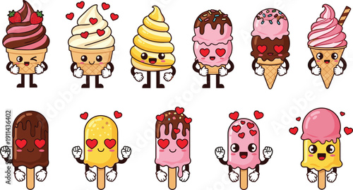 kawaii ice cream character illustration set. Sweet dessert mascots with heart eyes and sprinkles. Adorable cartoon popsicles and cones for Valentine theme.
