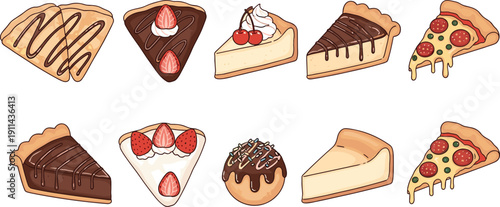 Dessert and pizza slice illustration set. Chocolate, strawberry cheesecake and savory pizza pieces. Sweet and savory bakery collection in cartoon style.