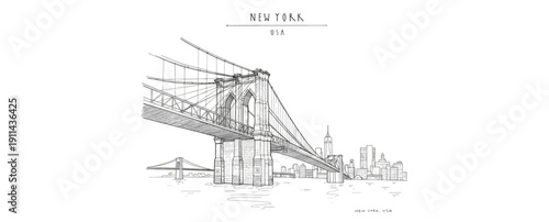 New York City skyline with Brooklyn Bridge hand drawn sketch vector illustration isolated on white background for travel and tourism design