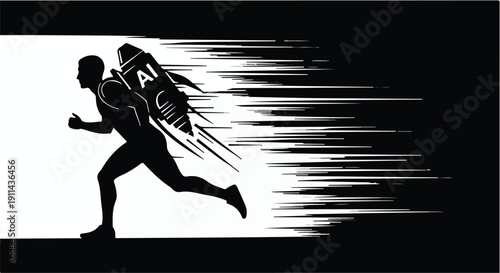 Silhouette of runner with AI backpack sprinting forward