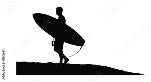 Silhouetted surfer walking with board on a sandy shoreline