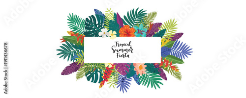 Tropical summer fiesta background with green palm leaves and exotic flowers vector illustration rectangular frame isolated on white for party invitation