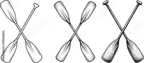 Set of Three Crossed Wooden Boat Oars and Paddles Vector Illustrations in Vintage Engraving Style for Nautical Logos Rowing Sports and Summer Water Adventure Designs