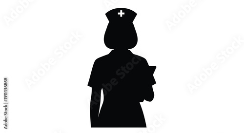 Silhouette of a nurse holding a clipboard facing forward