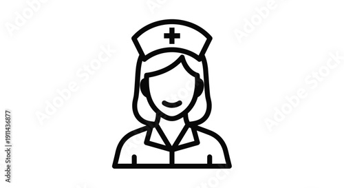 Simple line drawing of a female nurse in a traditional cap and uniform