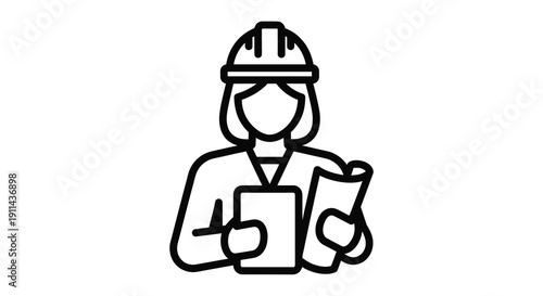 Line drawing of a female construction worker with blueprints