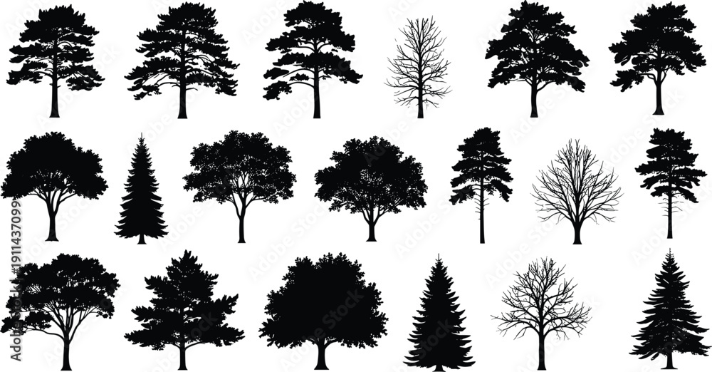 Fototapeta premium Black tree silhouettes collection, conifer and deciduous forest illustration set, isolated woodland shapes, seasonal nature design elements
