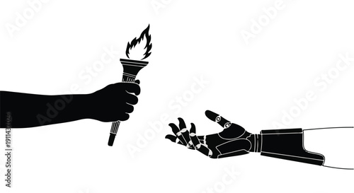 Human hand holding torch reaching out to robotic hand