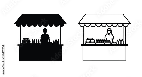 Two depictions of a food stall with a vendor and various items