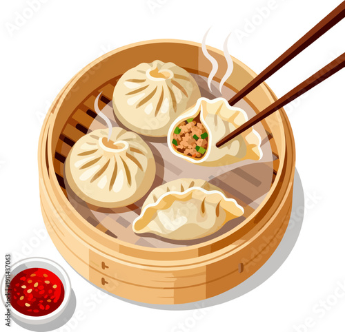 Steaming Dim Sum in Bamboo Steamer with Chopsticks, Bao Buns, Dumplings and Chili Dipping Sauce, Vector Food Illustration