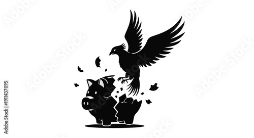 Bird breaking free from piggy bank