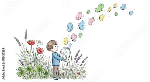 Young boy releasing butterflies from a jar into a field.