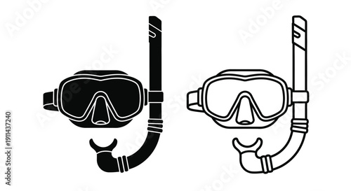 Two black and white illustrations of scuba diving masks and snorkels