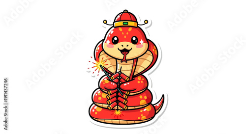 Cartoon snake with firecrackers celebrating festival on white background