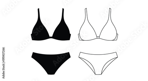 Black and white bikini set illustration with separate bra and panty outlines