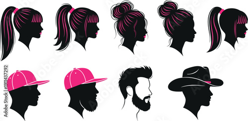 Collection of black silhouette profiles of diverse hairstyles and headwear including ponytails buns and baseball caps
