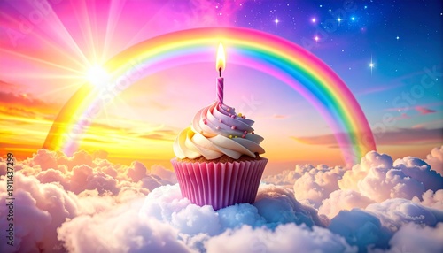 Whimsical Cloud Cake in the Sky, Fluffy Birthday Cake Clouds Floating in a Dreamy Blue Atmosphere, Surreal Sky Scene with Soft Pastel Tones and Fantasy Celebration Vibes
