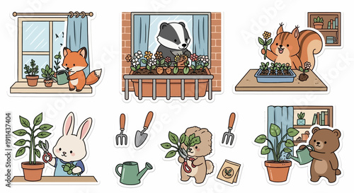 Cartoon animals gardening plants in windows growing flowers outdoors