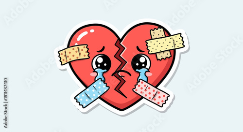Cute cartoon broken red heart crying with tears and colorful band-aids trying to mend the sadness and pain.