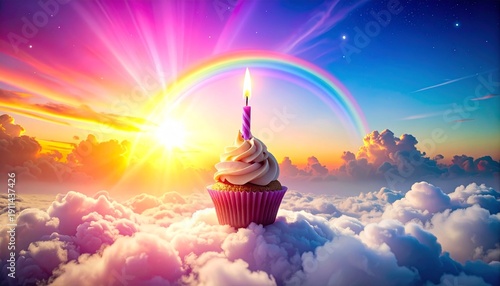 Whimsical Cloud Cake in the Sky, Fluffy Birthday Cake Clouds Floating in a Dreamy Blue Atmosphere, Surreal Sky Scene with Soft Pastel Tones and Fantasy Celebration Vibes