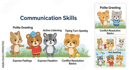 Cartoon animals demonstrate communication skills for education and learning