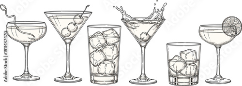 Set of Hand Drawn Cocktail Glasses with Martini Margarita and Whiskey on Ice for Bar Menu Design Restaurant Beverage List and Nightlife Party Illustration
