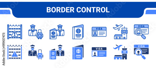 Border Control Icon Collection,  featuring Border, Security, Immigration officer, Passport, Visa, Airport, Identification.
