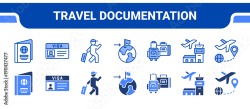 Travel Documentation Icon Collection,  featuring Passport, Visa, Travel, Destination, Luggage, Airport, Plane.