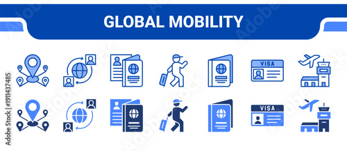 Global Mobility Icon Collection,  featuring Mobility, Worldwide, Immigration, Travel, Passport, Visa, Airport.
