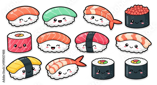 Cartoon sushi character stickers with expressive faces, vector design.