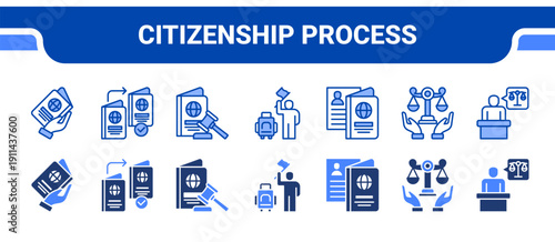 Citizenship Process Icon Collection,  featuring Citizenship, Naturalization, Immigration law, Immigrant, Immigration, Human rights, Legal.