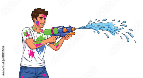 Young Man Playing with Water Gun During Festival.