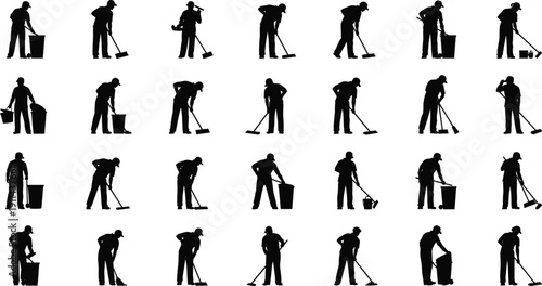 Black silhouettes of cleaning service workers sweeping with brooms, mopping floors, and using trash cans, isolated on a white background.