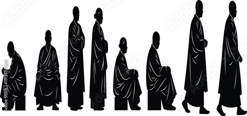 Collection of black and white silhouettes depicting Buddhist monks in various meditative and walking poses against a white backdrop