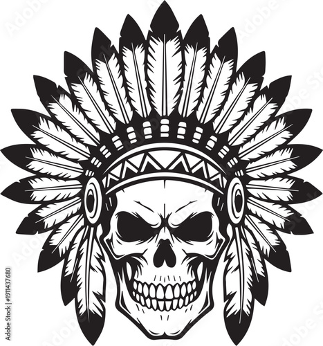Native American Chief Skull Head Logo T-Shirt Design Silhouette vector black on a white background