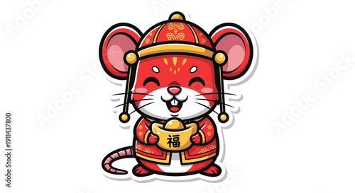 Cartoon mouse in festive attire holding gold ingot illustration