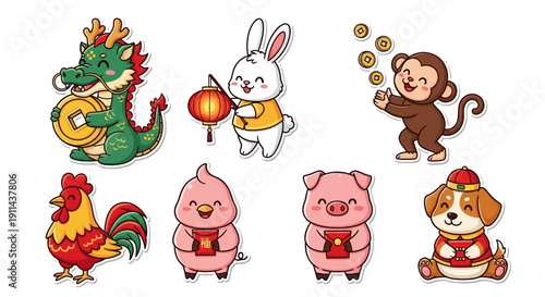 Canvas Print Cartoon animals celebrating festive event with gold coins and lanterns