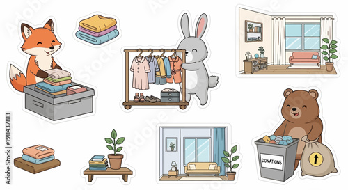 Cartoon animals organizing clothes and donations in a stylized interior scene