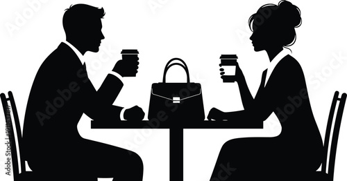 Business Couple Silhouette Sitting at Cafe Table Drinking Coffee with Handbag on Table for Professional Meeting and Romantic Date Concept