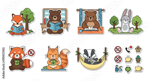 Cartoon animal stickers fox bear rabbit and more in various activities