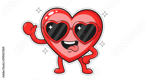 A vibrant red cartoon heart character wearing cool heart-shaped sunglasses, smiling with its tongue out, giving a thumbs-up gesture, and sparkling with joy.