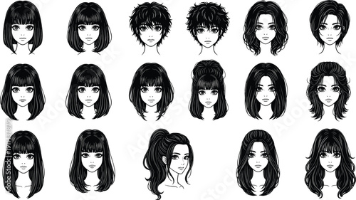 Collection of diverse anime female hairstyles and faces in black and white line showcasing various lengths and styles for creative projects